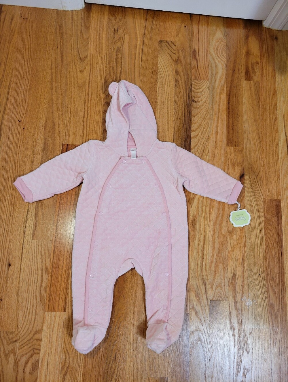 NWT Vintage Nordstrom Baby Pink Quilted Velour Hooded Bunting Bear Suit- 12 Mon